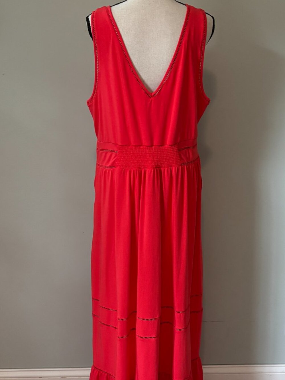 Lands' End Red Smocked Waist Tiered Maxi Dress Large Like New - Picture 3 of 6